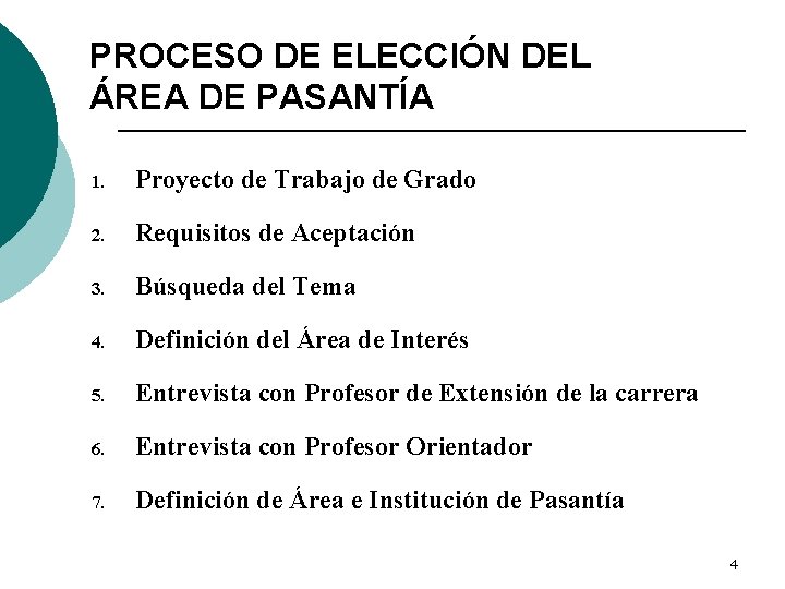 PROCESO DE ELECCIÓN DEL ÁREA DE PASANTÍA 1. Proyecto de Trabajo de Grado 2.