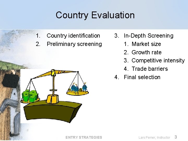 Country Evaluation 1. 2. MKTG 769 Country identification Preliminary screening ENTRY STRATEGIES 3. In-Depth