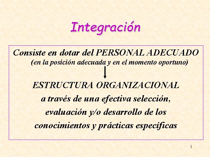 Integración Consiste en dotar del PERSONAL ADECUADO (en la posición adecuada y en el