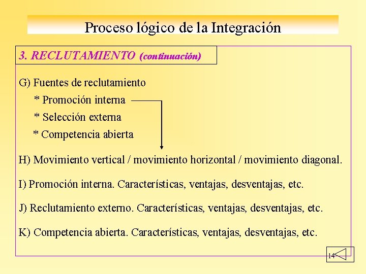 Proceso lógico de la Integración 3. RECLUTAMIENTO (continuación) G) Fuentes de reclutamiento * Promoción