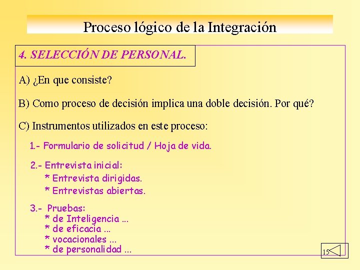 Proceso lógico de la Integración 4. SELECCIÓN DE PERSONAL. A) ¿En que consiste? B)