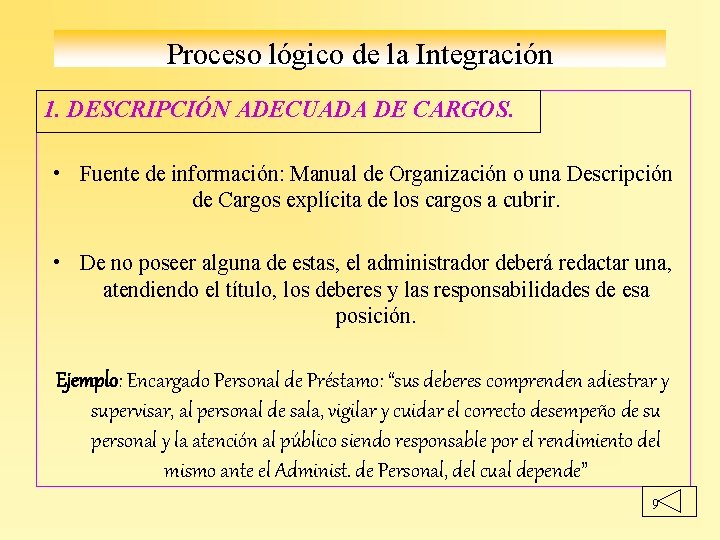 Proceso lógico de la Integración 1. DESCRIPCIÓN ADECUADA DE CARGOS. • Fuente de información: