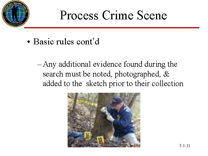 Process Crime Scene • Basic rules cont’d – Any additional evidence found during the