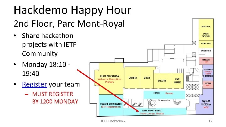 Hackdemo Happy Hour 2 nd Floor, Parc Mont-Royal • Share hackathon projects with IETF