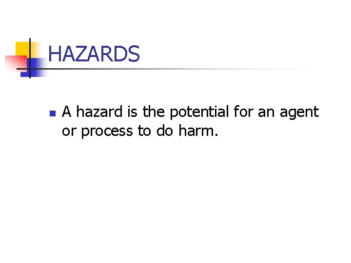 HAZARDS n A hazard is the potential for an agent or process to do