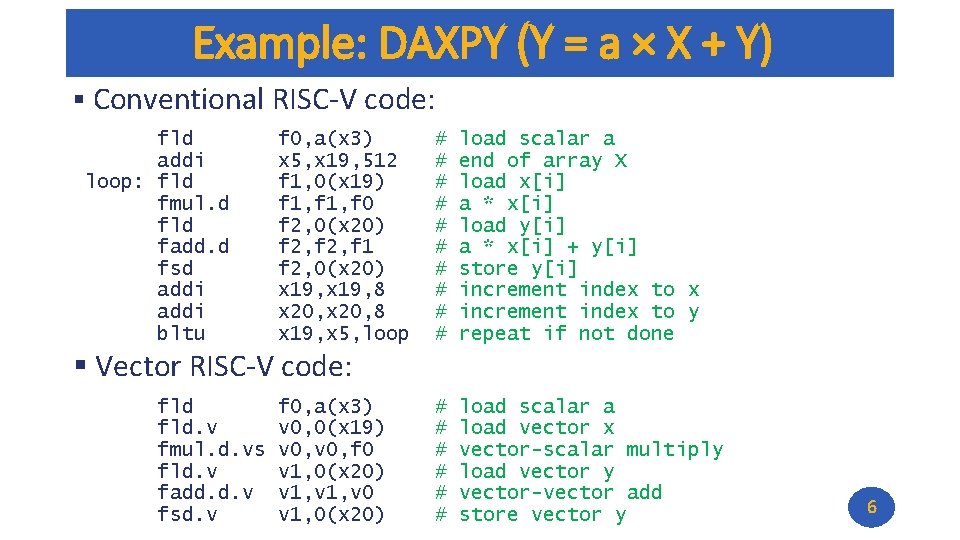 Example: DAXPY (Y = a × X + Y) § Conventional RISC-V code: fld