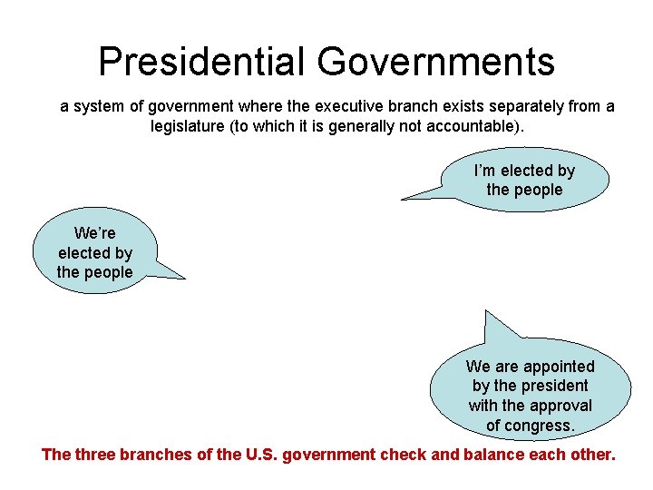 Presidential Governments a system of government where the executive branch exists separately from a