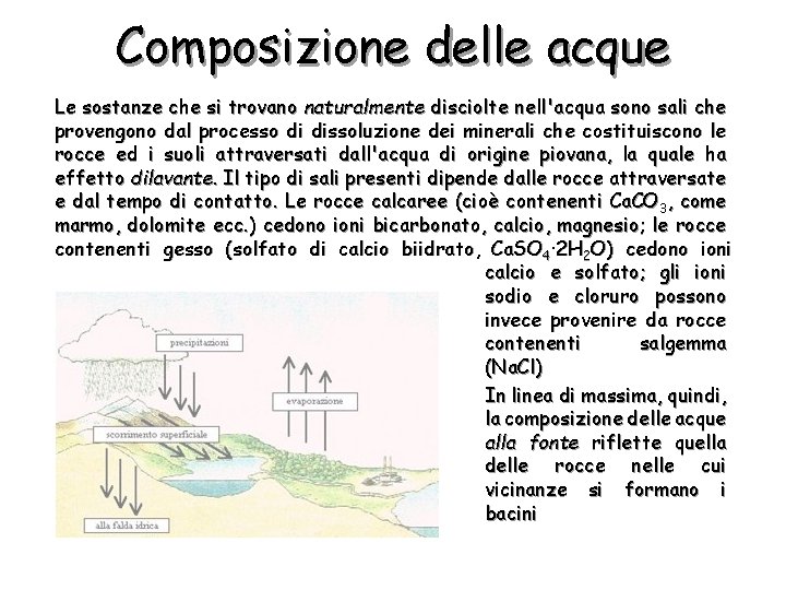 Composizione delle acque Le sostanze che si trovano naturalmente disciolte nell'acqua sono sali che