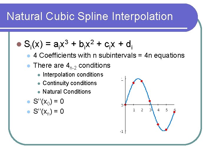 Natural Cubic Spline Interpolation Si(x) 4 Coefficients with n subintervals = 4 n equations