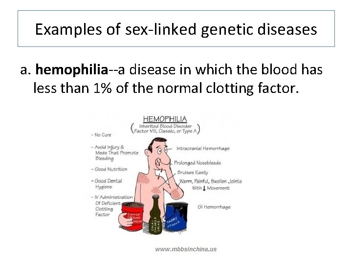 Examples of sex-linked genetic diseases a. hemophilia--a disease in which the blood has less