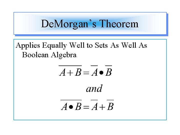 De. Morgan’s Theorem Applies Equally Well to Sets As Well As Boolean Algebra 