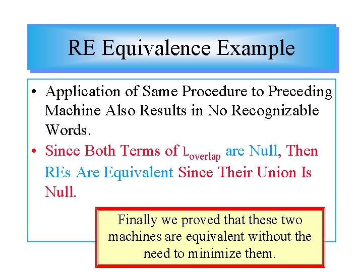 RE Equivalence Example • Application of Same Procedure to Preceding Machine Also Results in
