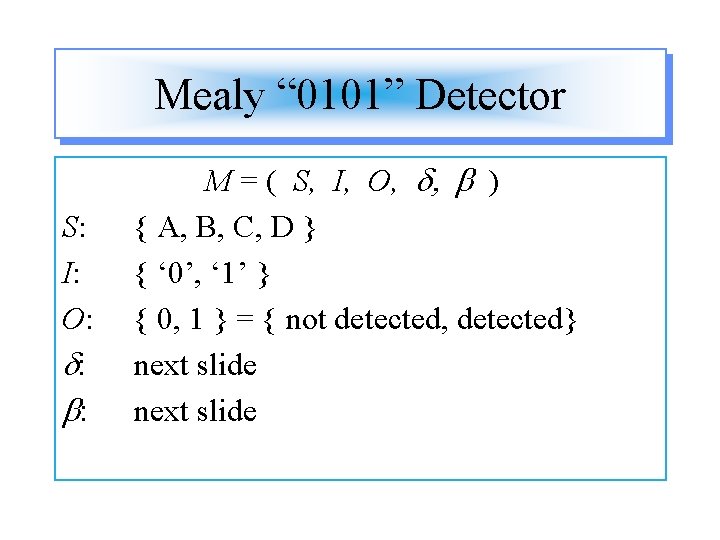 Mealy “ 0101” Detector S: I: O: d: b: M = ( S, I,