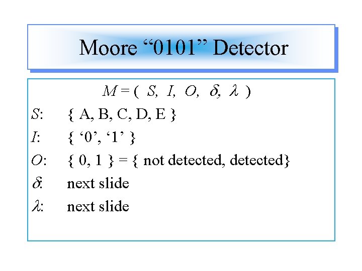 Moore “ 0101” Detector S: I: O: d: l: M = ( S, I,