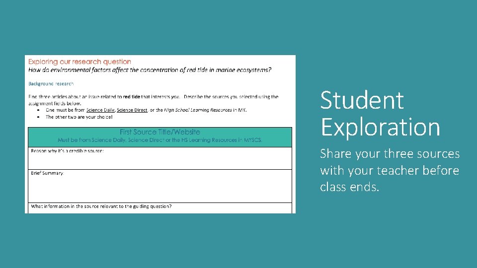 Student Exploration Share your three sources with your teacher before class ends. 