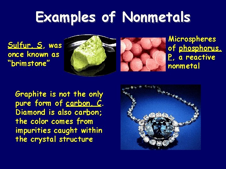 Examples of Nonmetals Sulfur, S, was once known as “brimstone” Graphite is not the