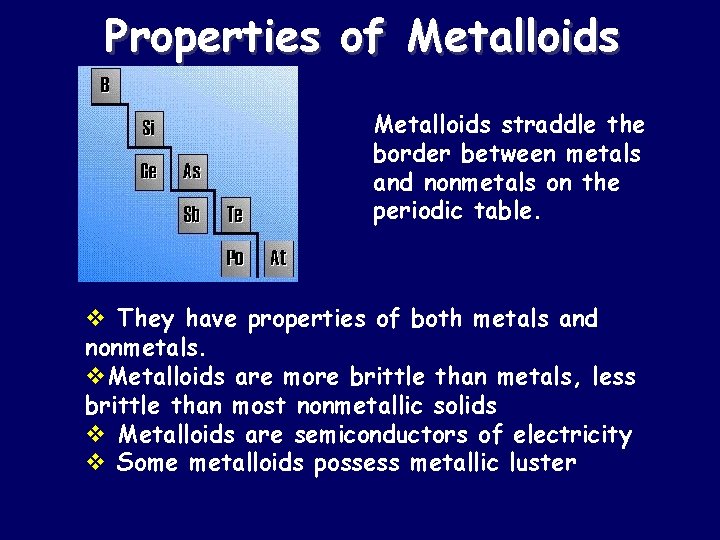 Properties of Metalloids straddle the border between metals and nonmetals on the periodic table.