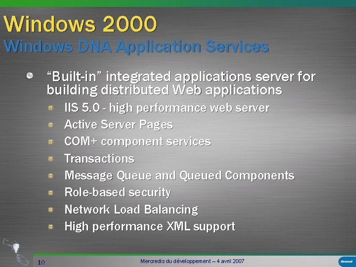 Windows 2000 Windows DNA Application Services “Built-in” integrated applications server for building distributed Web
