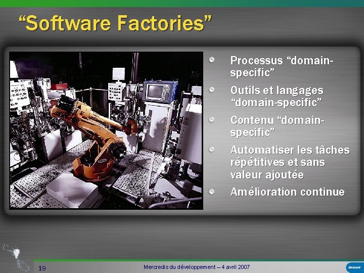 “Software Factories” Processus “domainspecific” Outils et langages “domain-specific” Contenu “domainspecific” Automatiser les tâches répétitives