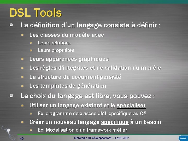 DSL Tools La définition d’un langage consiste à définir : Les classes du modèle