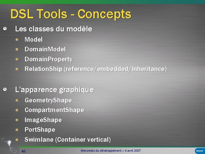 DSL Tools - Concepts Les classes du modèle Model Domain. Property Relation. Ship (reference/embedded/Inheritance)
