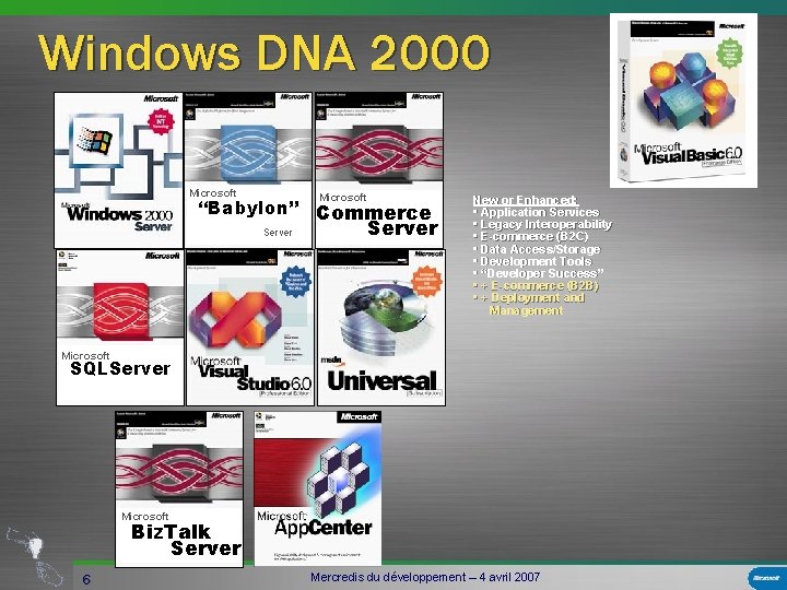 Windows DNA 2000 Microsoft “Babylon” Commerce Server New or Enhanced: • Application Services •