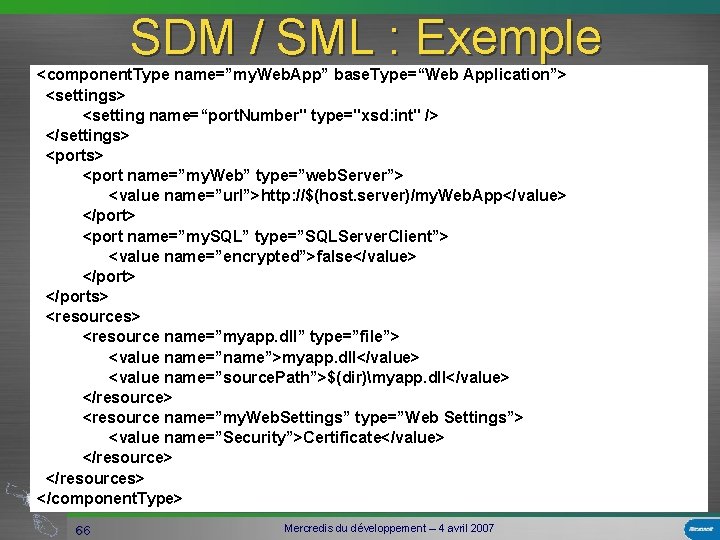 SDM / SML : Exemple <component. Type name=”my. Web. App” base. Type=“Web Application”> <settings>