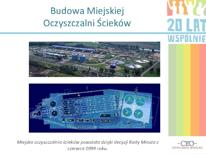 Budowa Miejskiej Oczyszczalni Ścieków Miejska oczyszczalnia ścieków powstała dzięki decyzji Rady Miasta z czerwca