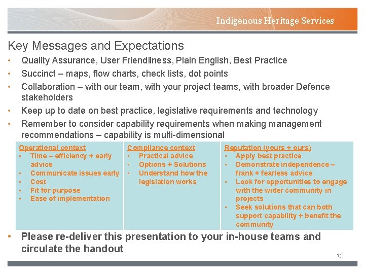 Indigenous Heritage Services Key Messages and Expectations • • • Quality Assurance, User Friendliness,