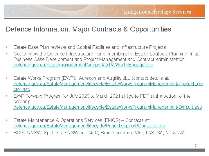 Indigenous Heritage Services Defence Information: Major Contracts & Opportunities • • Estate Base Plan