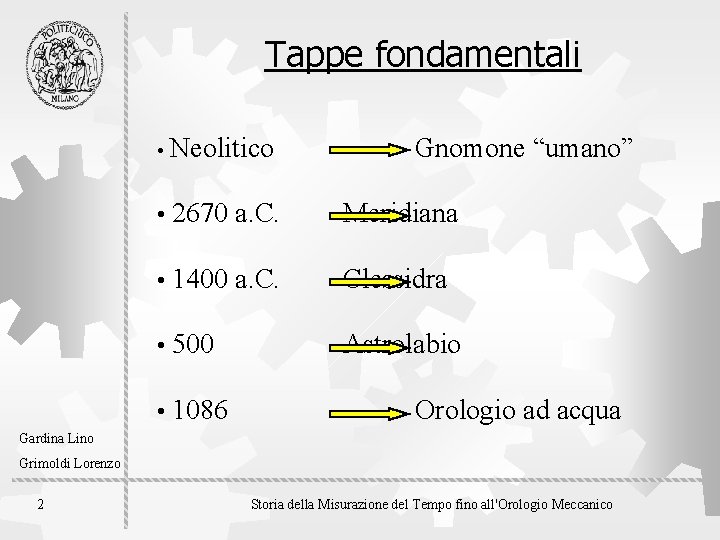 Tappe fondamentali • Neolitico Gnomone “umano” • 2670 a. C. Meridiana • 1400 a.