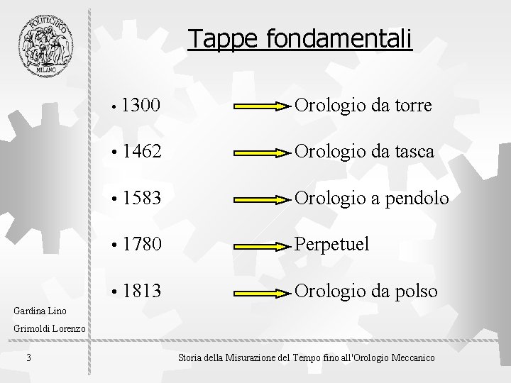 Tappe fondamentali • 1300 Orologio da torre • 1462 Orologio da tasca • 1583