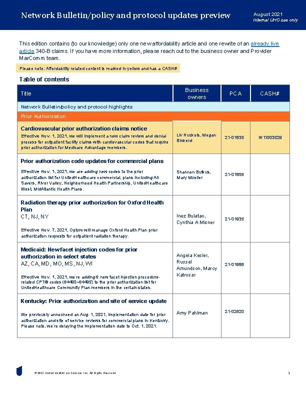 Network Bulletin/policy and protocol updates preview August 2021 Internal UHC use only This edition
