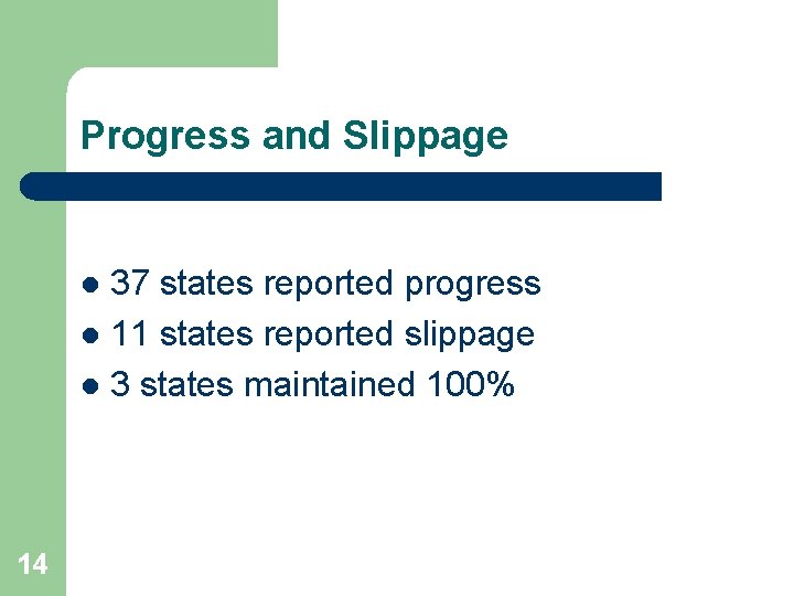 Progress and Slippage 37 states reported progress l 11 states reported slippage l 3