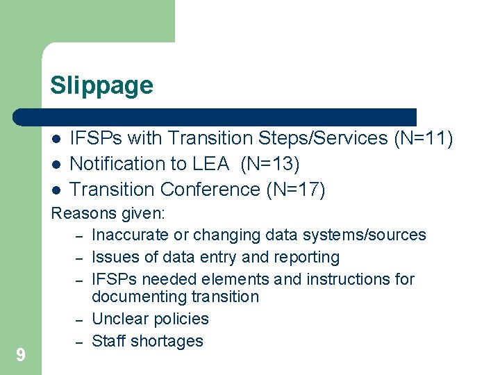 Slippage l l l 9 IFSPs with Transition Steps/Services (N=11) Notification to LEA (N=13)