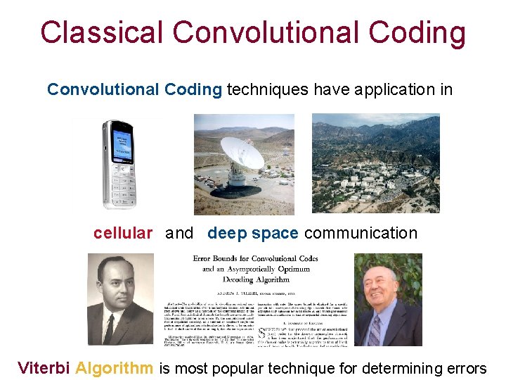 Classical Convolutional Coding techniques have application in cellular and deep space communication Viterbi Algorithm
