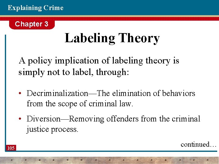 Explaining Crime Chapter 3 Labeling Theory A policy implication of labeling theory is simply