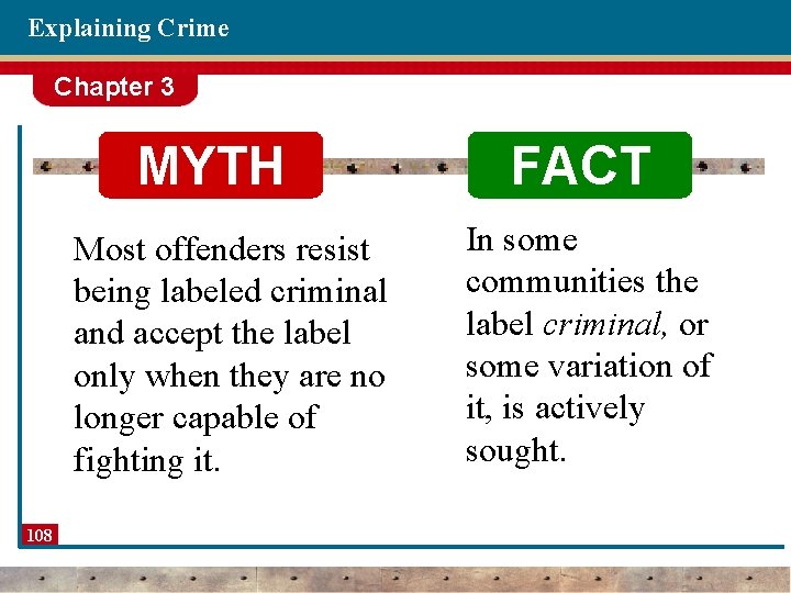 Explaining Crime Chapter 3 MYTH Most offenders resist being labeled criminal and accept the