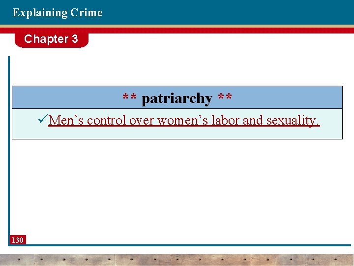 Explaining Crime Chapter 3 ** patriarchy ** üMen’s control over women’s labor and sexuality.