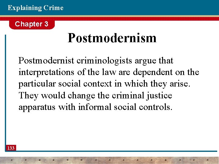 Explaining Crime Chapter 3 Postmodernism Postmodernist criminologists argue that interpretations of the law are