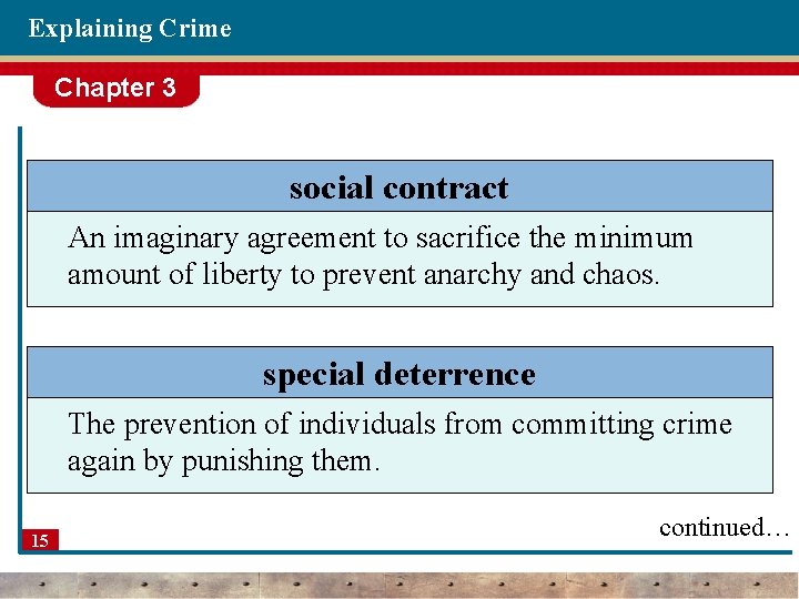 Explaining Crime Chapter 3 social contract An imaginary agreement to sacrifice the minimum amount