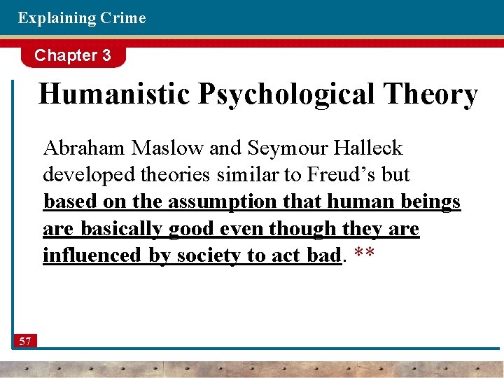 Explaining Crime Chapter 3 Humanistic Psychological Theory Abraham Maslow and Seymour Halleck developed theories