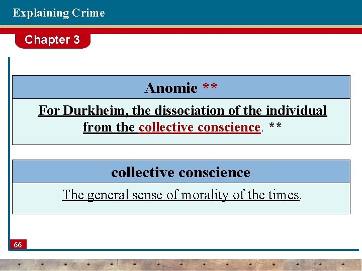 Explaining Crime Chapter 3 Anomie ** For Durkheim, the dissociation of the individual from