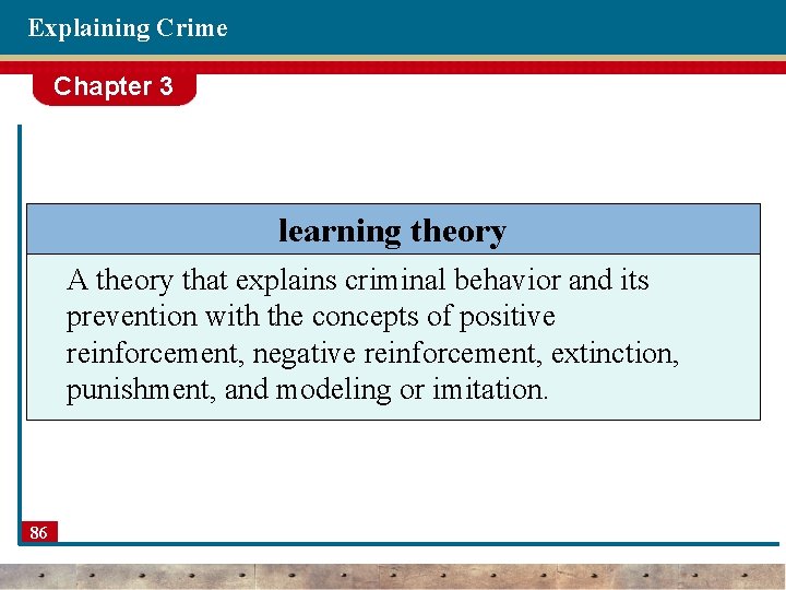 Explaining Crime Chapter 3 learning theory A theory that explains criminal behavior and its