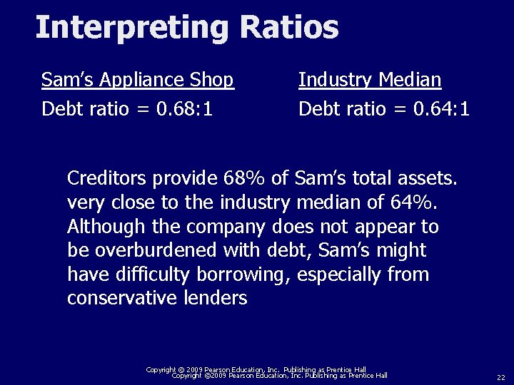 Interpreting Ratios Sam’s Appliance Shop Debt ratio = 0. 68: 1 Industry Median Debt