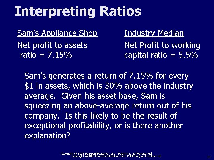 Interpreting Ratios Sam’s Appliance Shop Net profit to assets ratio = 7. 15% Industry