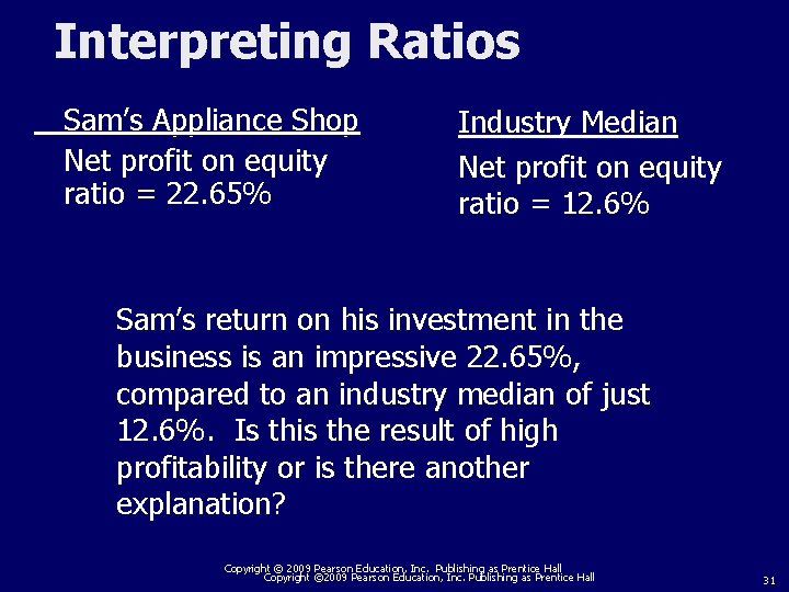 Interpreting Ratios Sam’s Appliance Shop Net profit on equity ratio = 22. 65% Industry