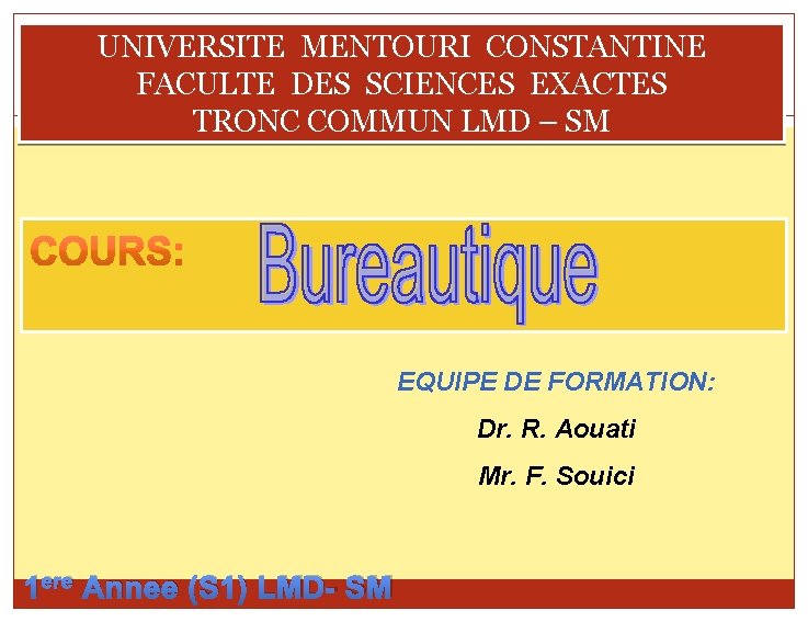 UNIVERSITE MENTOURI CONSTANTINE FACULTE DES SCIENCES EXACTES TRONC COMMUN LMD – SM EQUIPE DE