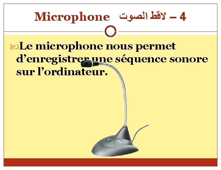 Microphone – ﻻﻗﻂ ﺍﻟﺼﻮﺕ 4 Le microphone nous permet d’enregistrer une séquence sonore sur