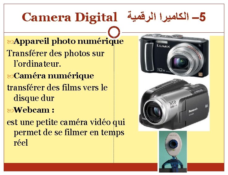 Camera Digital – ﺍﻟﻜﺎﻣﻴﺮﺍ ﺍﻟﺮﻗﻤﻴﺔ 5 Appareil photo numérique Transférer des photos sur l’ordinateur.